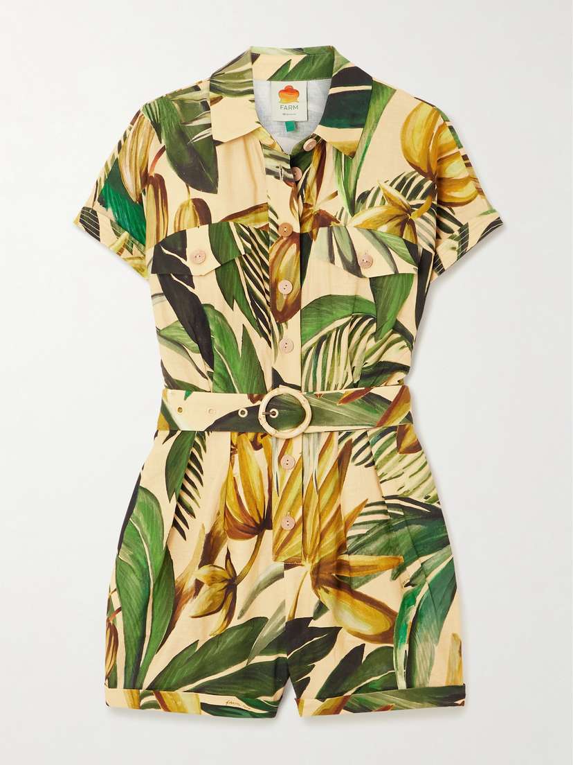 Farm Rio Bananart Belted Printed Linen-blend Playsuit