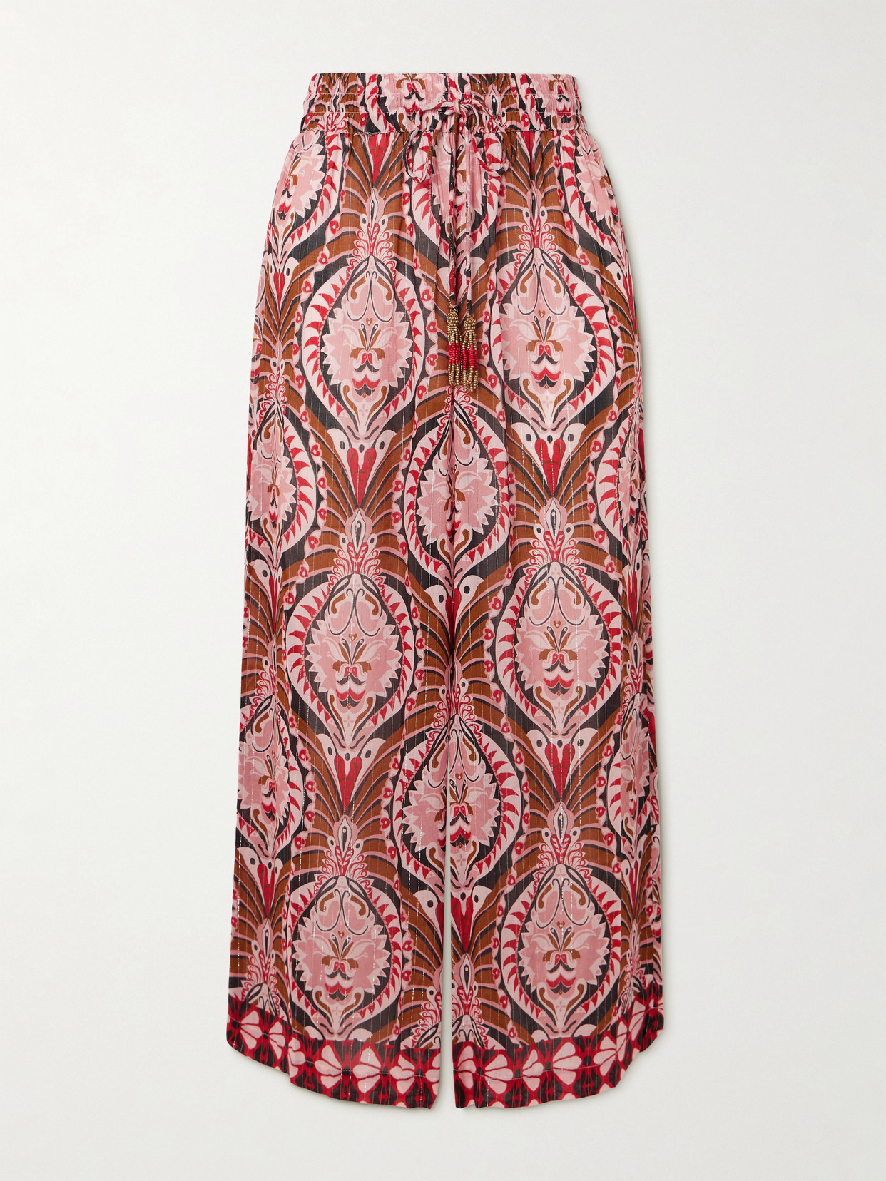 Farm Rio Pineapple Jewelry Cropped Embellished Printed Voile Wide-leg Trousers In Pink
