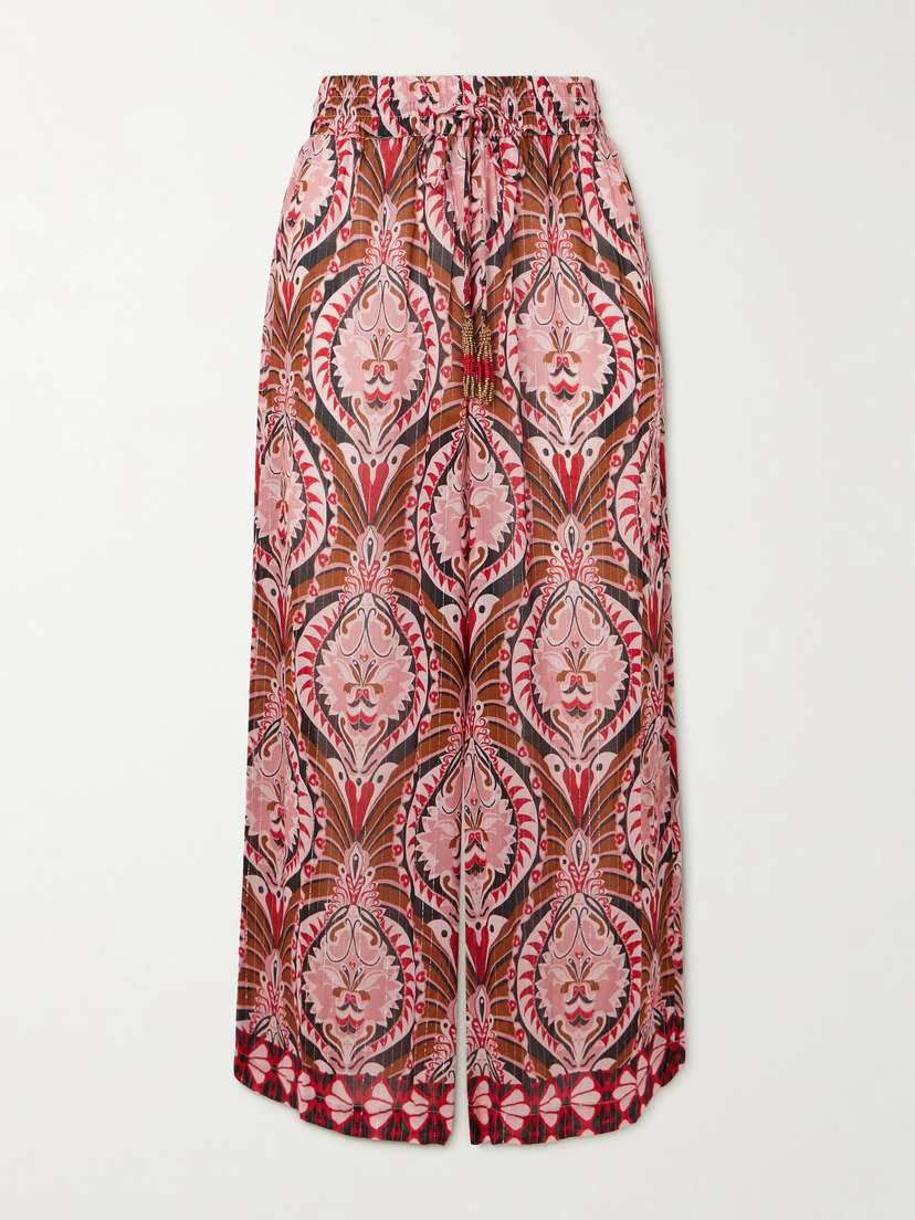 Farm Rio Pineapple Jewelry Cropped Embellished Printed Voile Wide-leg Pants