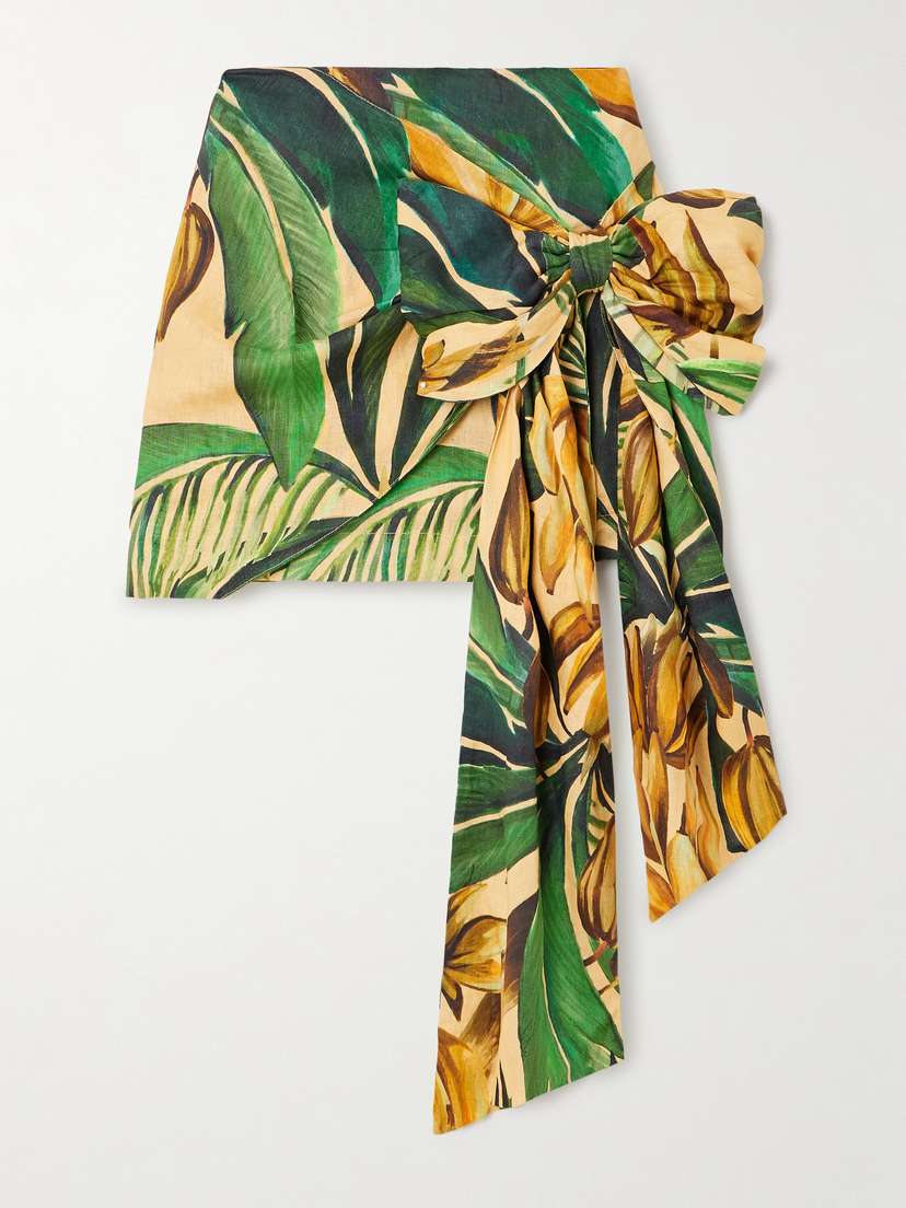 Farm Rio Bananart Wrap-effect Bow-embellished Printed Linen Mini Skirt