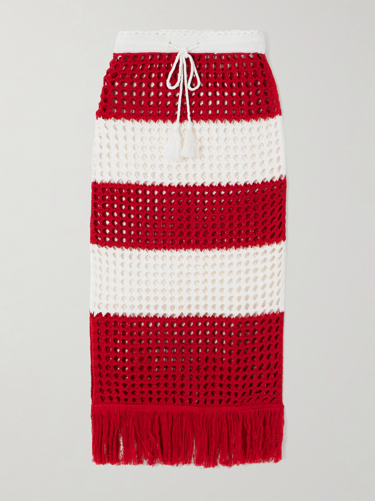 Farm Rio Fringed Striped Crocheted Cotton Midi Skirt In Red
