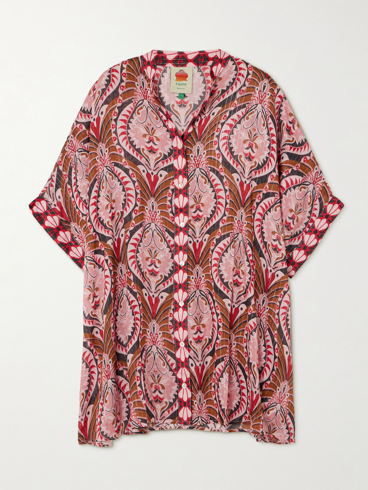 FARM RIO PINEAPPLE JEWELRY METALLIC PRINTED VOILE SHIRT