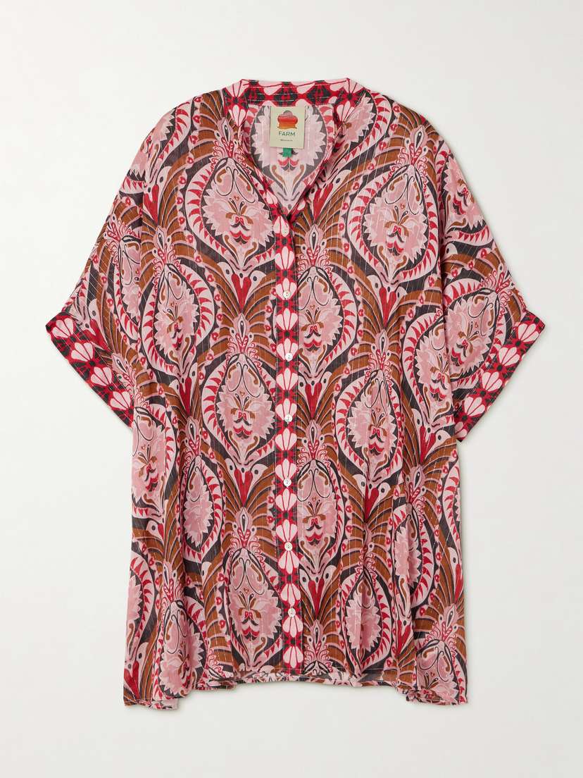 Farm Rio Pineapple Jewelry Metallic Printed Voile Shirt