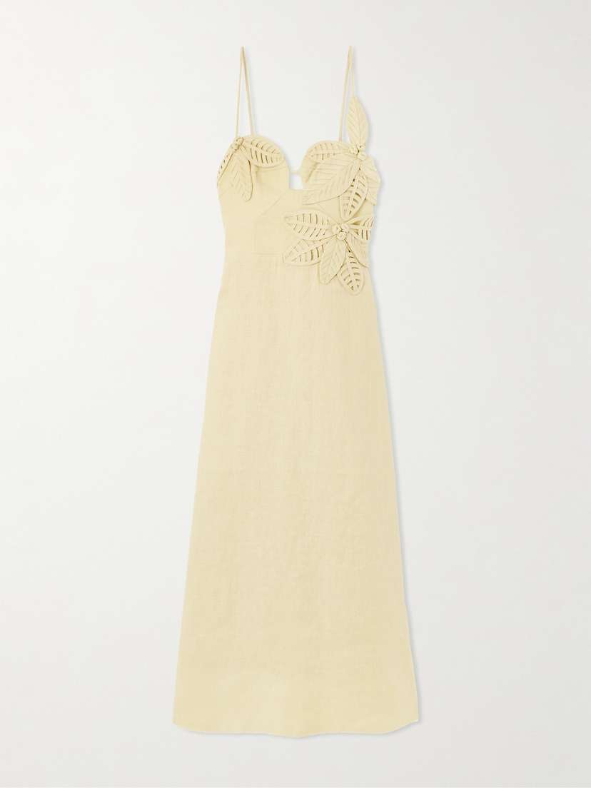 Farm Rio Appliquéd Linen Midi Dress