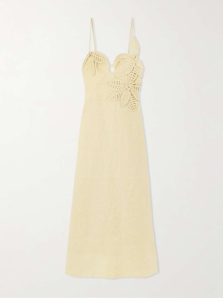 appliquéd linen midi dress