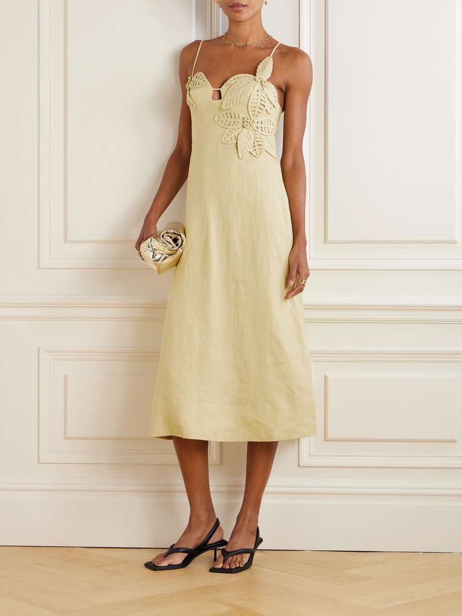appliquéd linen midi dress