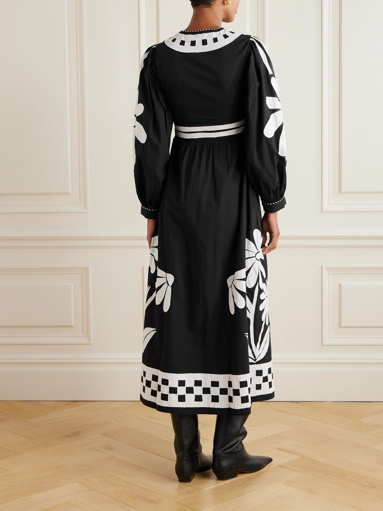 FARM RIO NATURE APPLIQUÉD STRIPED COTTON-POPLIN MAXI DRESS