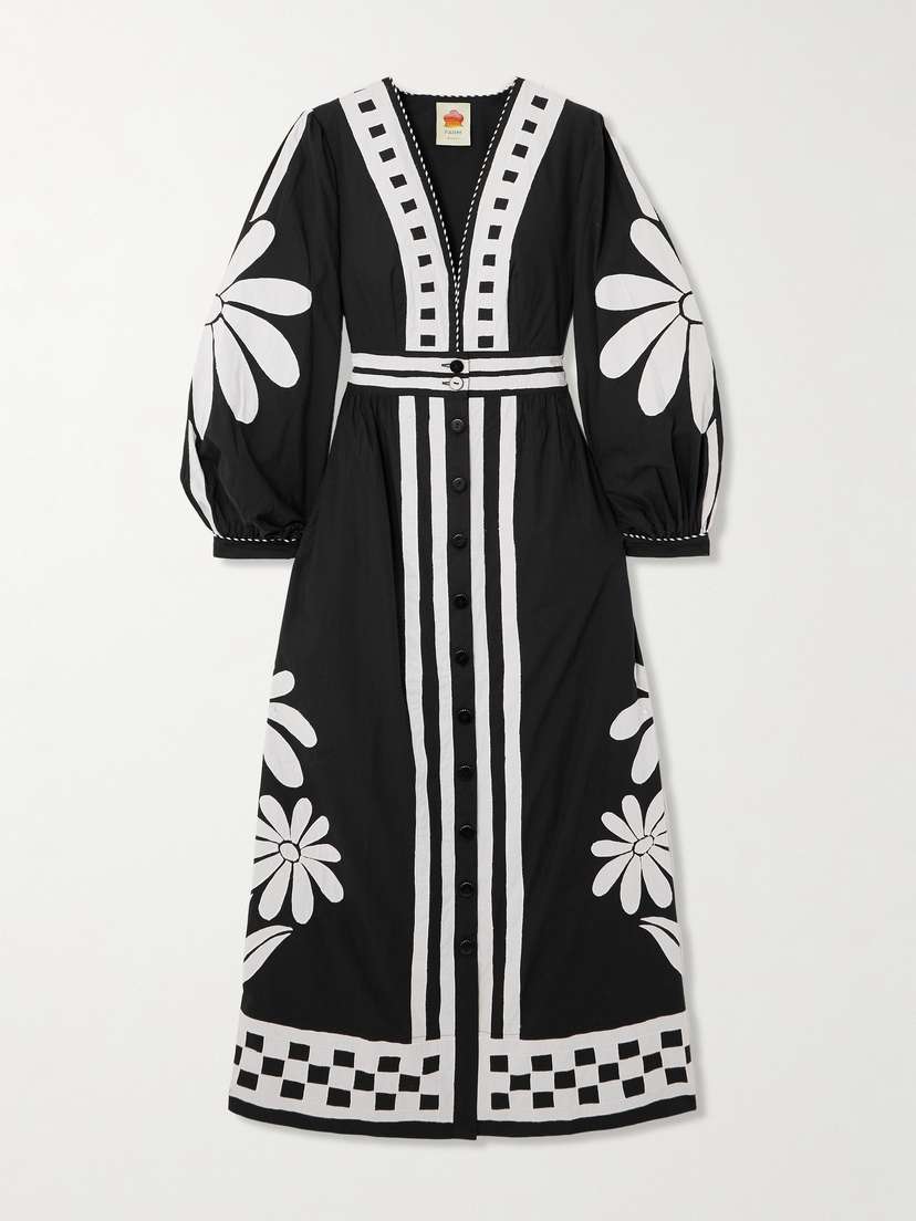 Farm Rio Nature Appliquéd Striped Cotton-poplin Maxi Dress