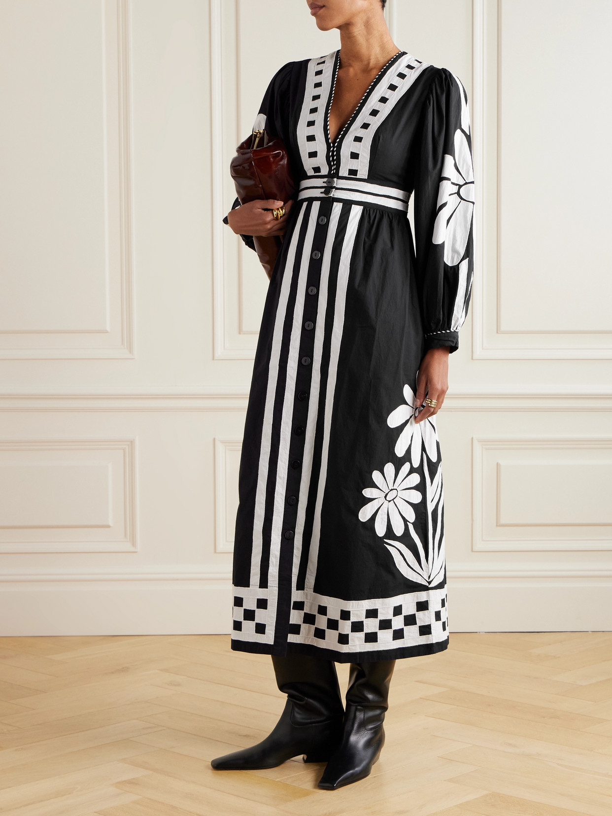 FARM RIO NATURE APPLIQUÉD STRIPED COTTON-POPLIN MAXI DRESS