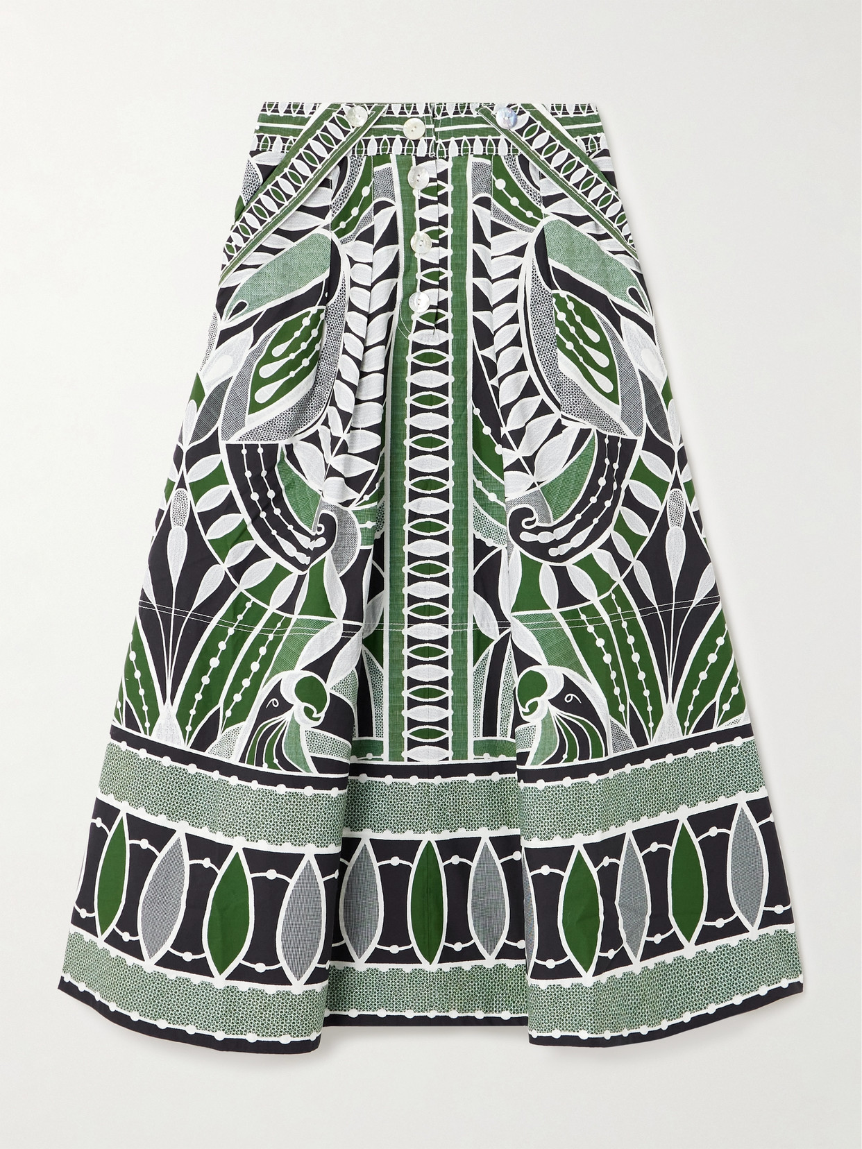 Farm Rio - Pleated Printed Cotton-poplin Midi Skirt - Green