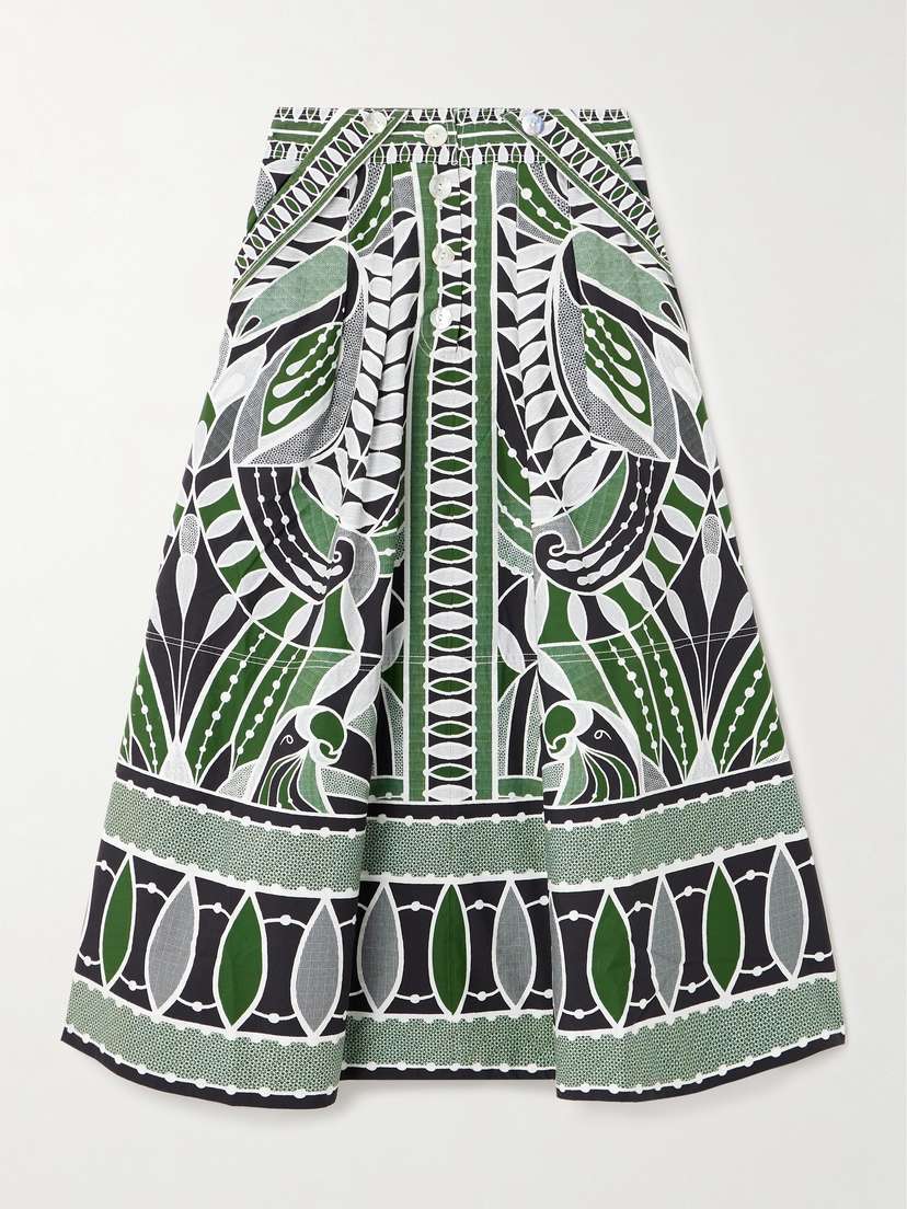 Farm Rio Pleated Printed Cotton-poplin Midi Skirt