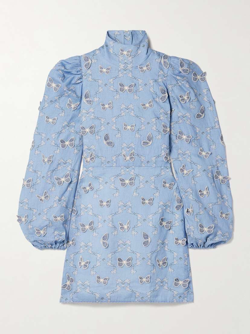 Agua by Agua Bendita Guaba Lymanopoda Appliquéd Printed Linen Turtleneck Mini Dress