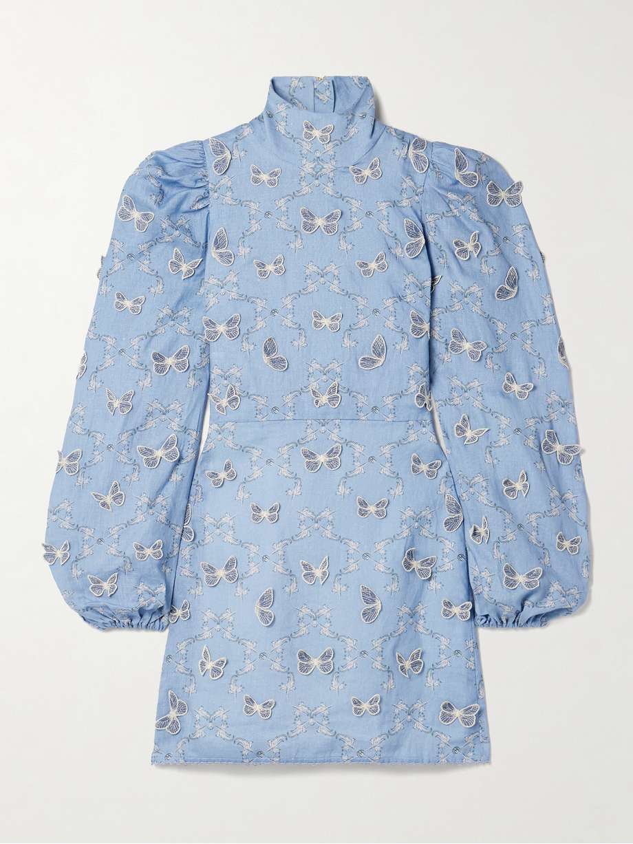 guaba lymanopoda appliquéd printed linen turtleneck mini dress