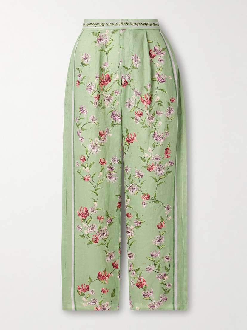 Agua by Agua Bendita Florecer Honeysuckle Pleated Embroidered Floral-print Linen Tapered Pants