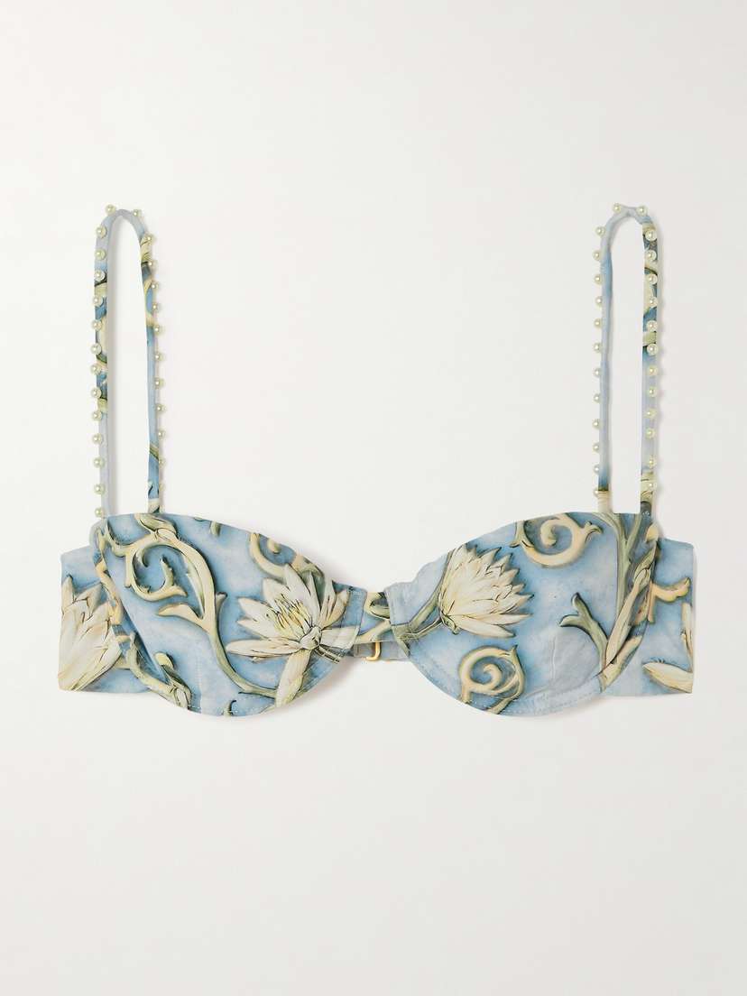 Agua by Agua Bendita Magdalena Soledad Faux Pearl-embellished Floral-print Recycled Underwired Bikini Top