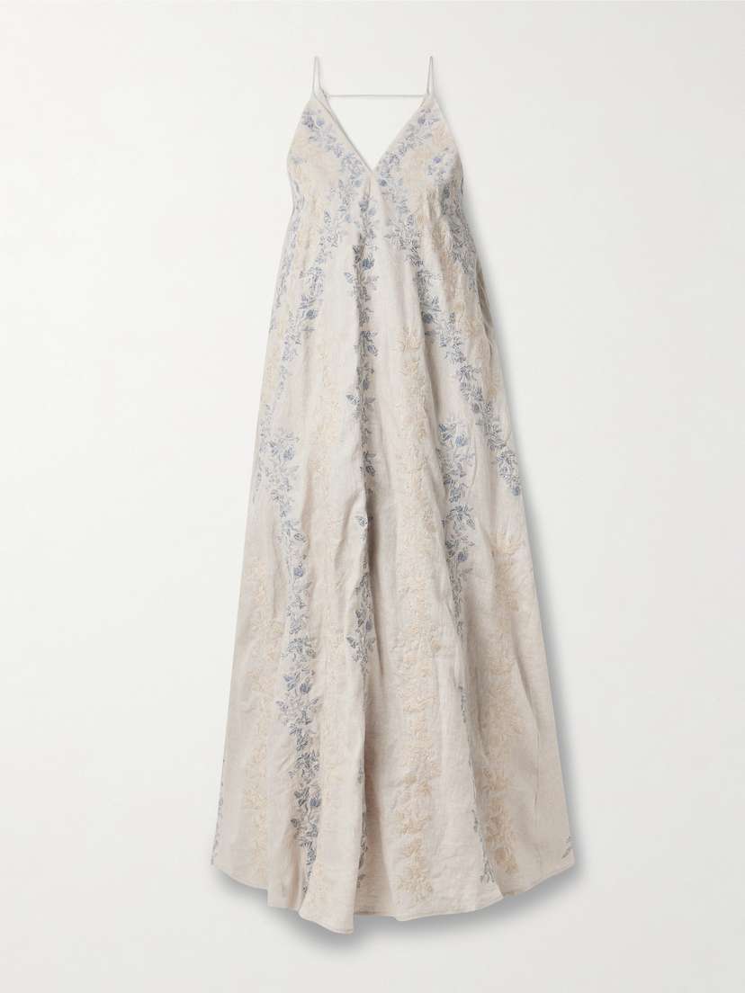 Agua by Agua Bendita Soledad Bougainvillea Embroidered Linen Maxi Dress