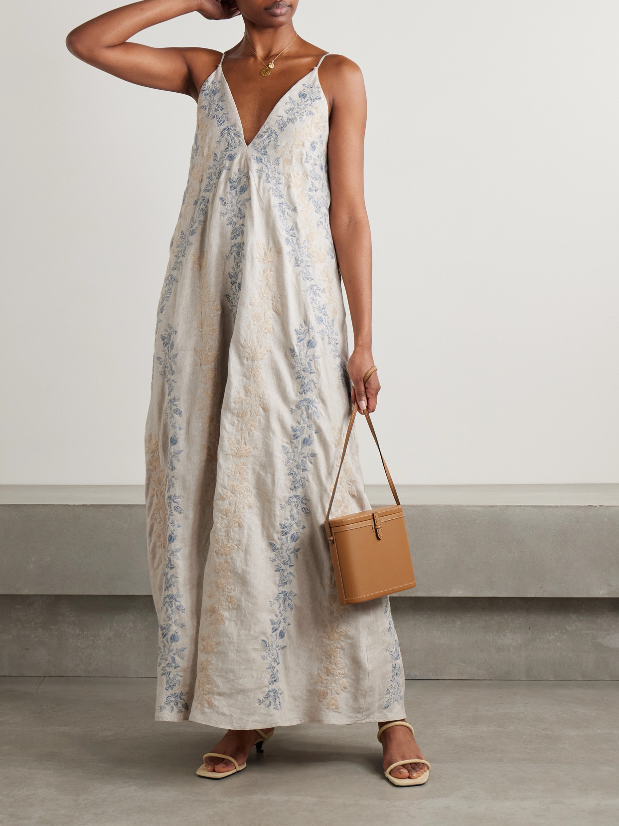 Agua By Agua Bendita Soledad Bougainvillea Embroidered Linen Maxi Dress In Blue