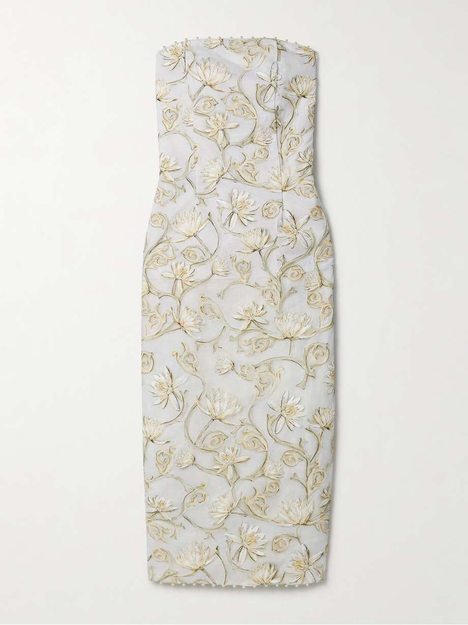armonía soledad strapless embellished floral-print tulle midi dress