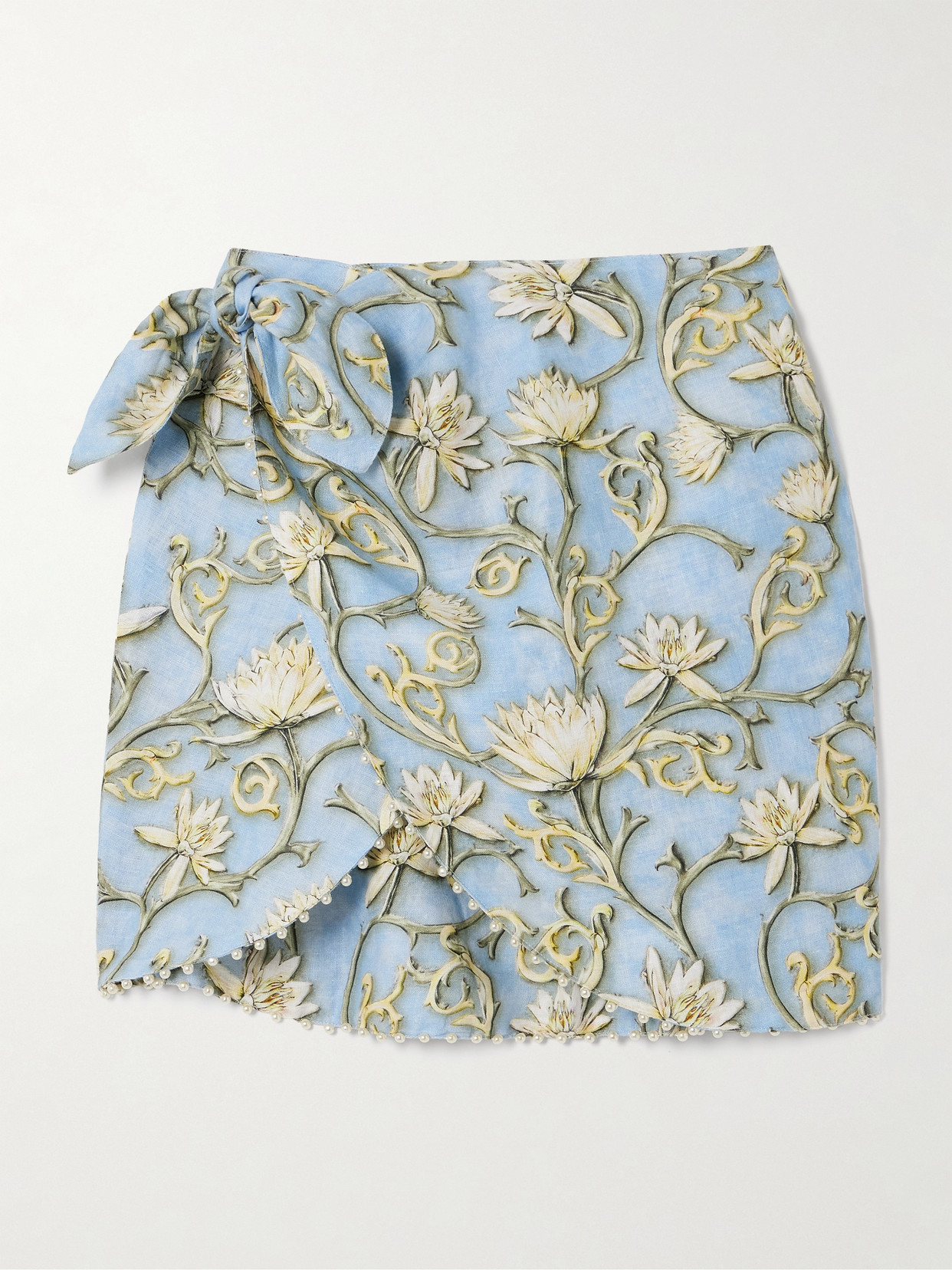 Agua By Agua Bendita Agustina Soledad Faux Pearl-embellished Floral-print Linen Pareo In Blue