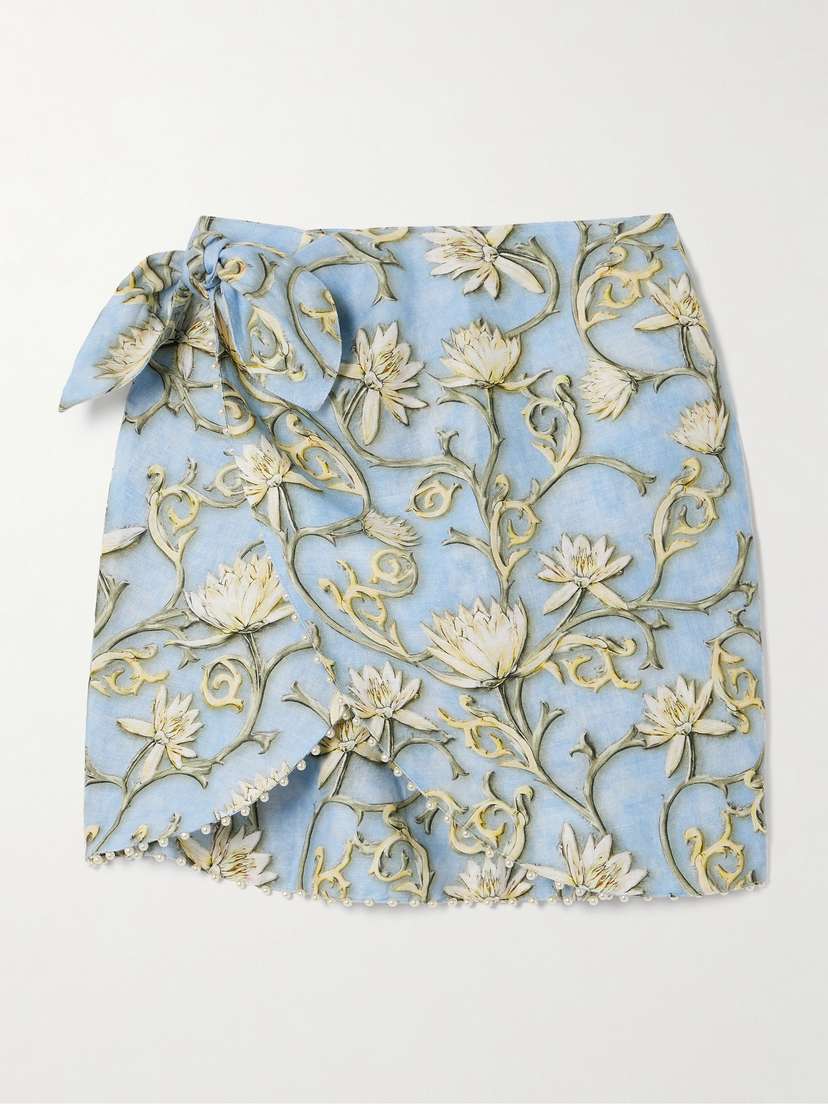 Agua by Agua Bendita Agustina Soledad Faux Pearl-embellished Floral-print Linen Pareo