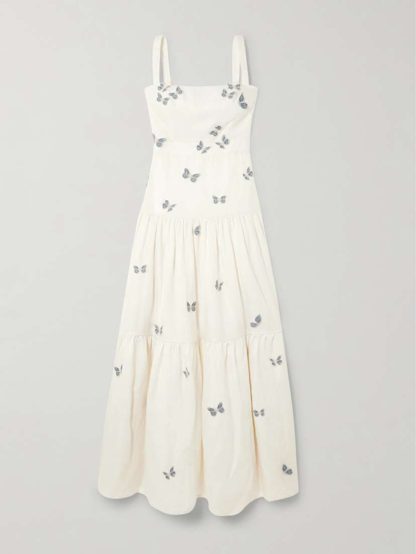 Agua by Agua Bendita Lima Lymanopoda Appliquéd Tiered Linen Maxi Dress