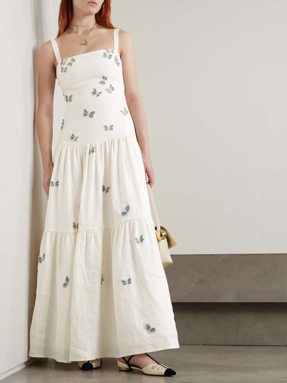 lima lymanopoda appliquéd tiered linen maxi dress