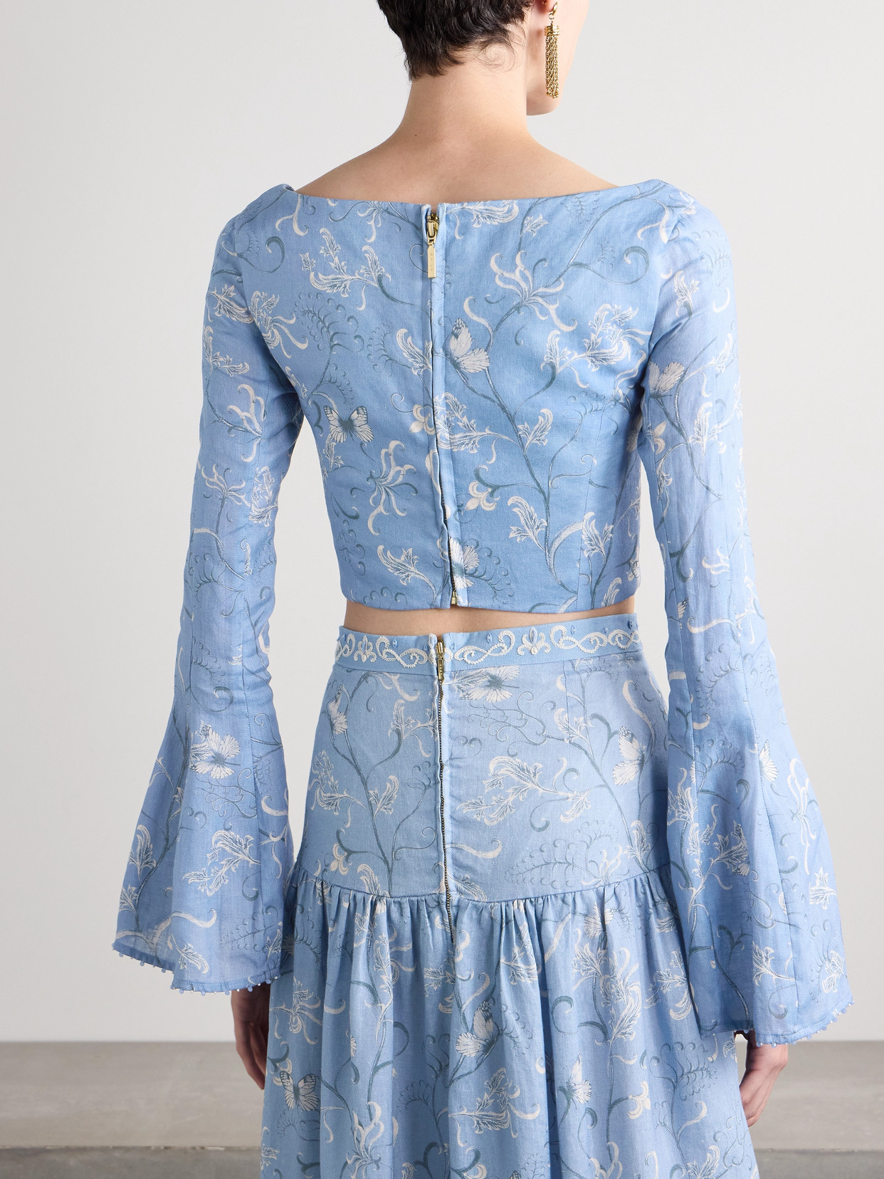 Agua By Agua Bendita Limoncillo Lymanopoda Cropped Bead-embellished Printed Linen Top In Blue