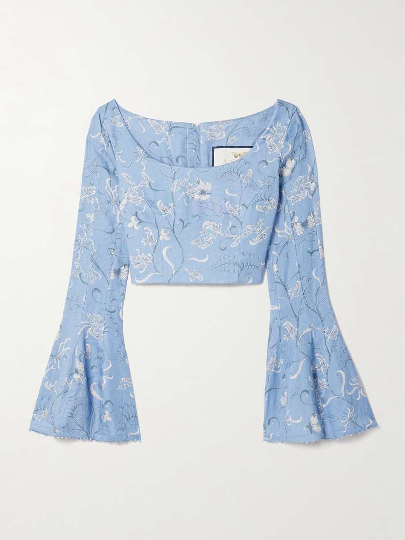 Agua by Agua Bendita Limoncillo Lymanopoda Cropped Bead-embellished Printed Linen Top