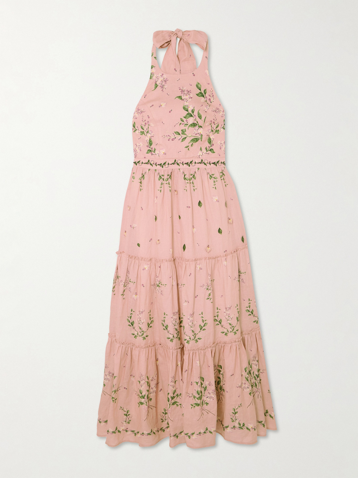 Agua By Agua Bendita Consuelo Wisteria Tiered Embroidered Floral-print Linen Halterneck Midi Dress In Pink