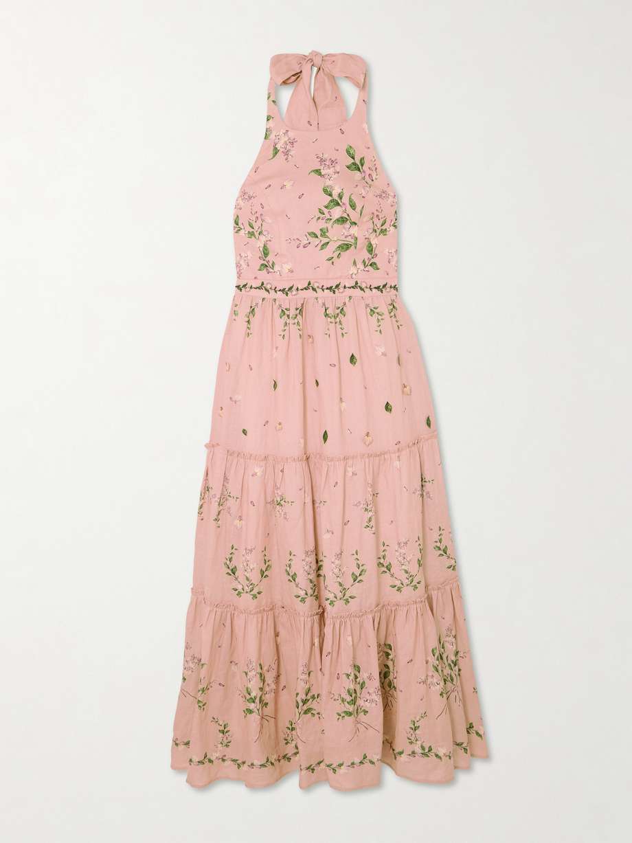 consuelo wisteria tiered embroidered floral-print linen halterneck midi dress