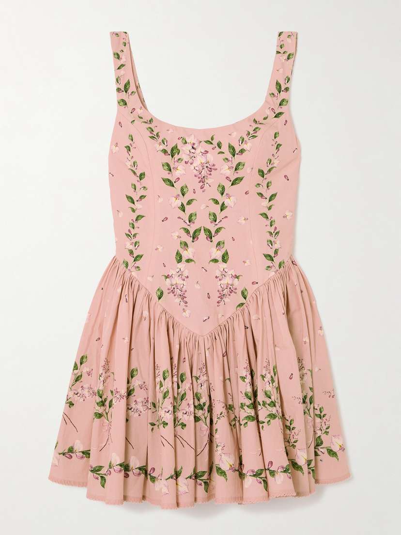 Agua by Agua Bendita Pluma Wisteria Gathered Floral-print Cotton Mini Dress