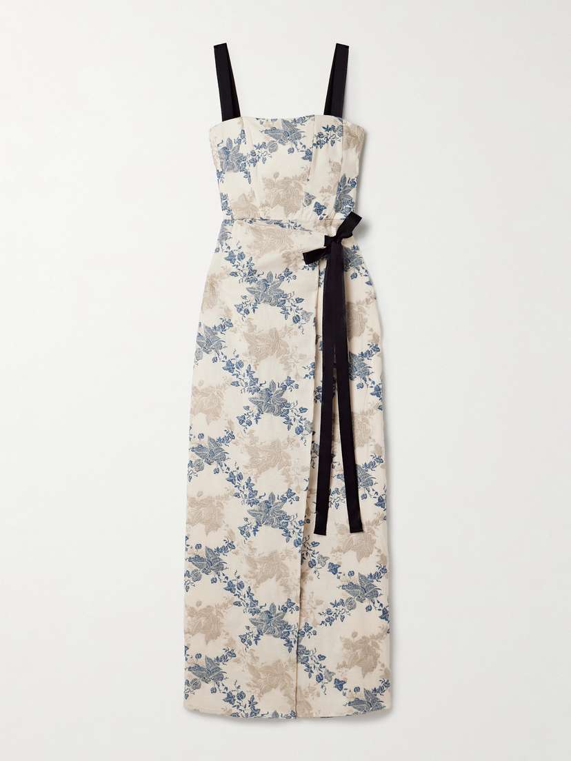 Agua by Agua Bendita Cinefila Bougainvillea Grosgrain-trimmed Embroidered Wrap-effect Cotton And Linen-blend Midi Dress