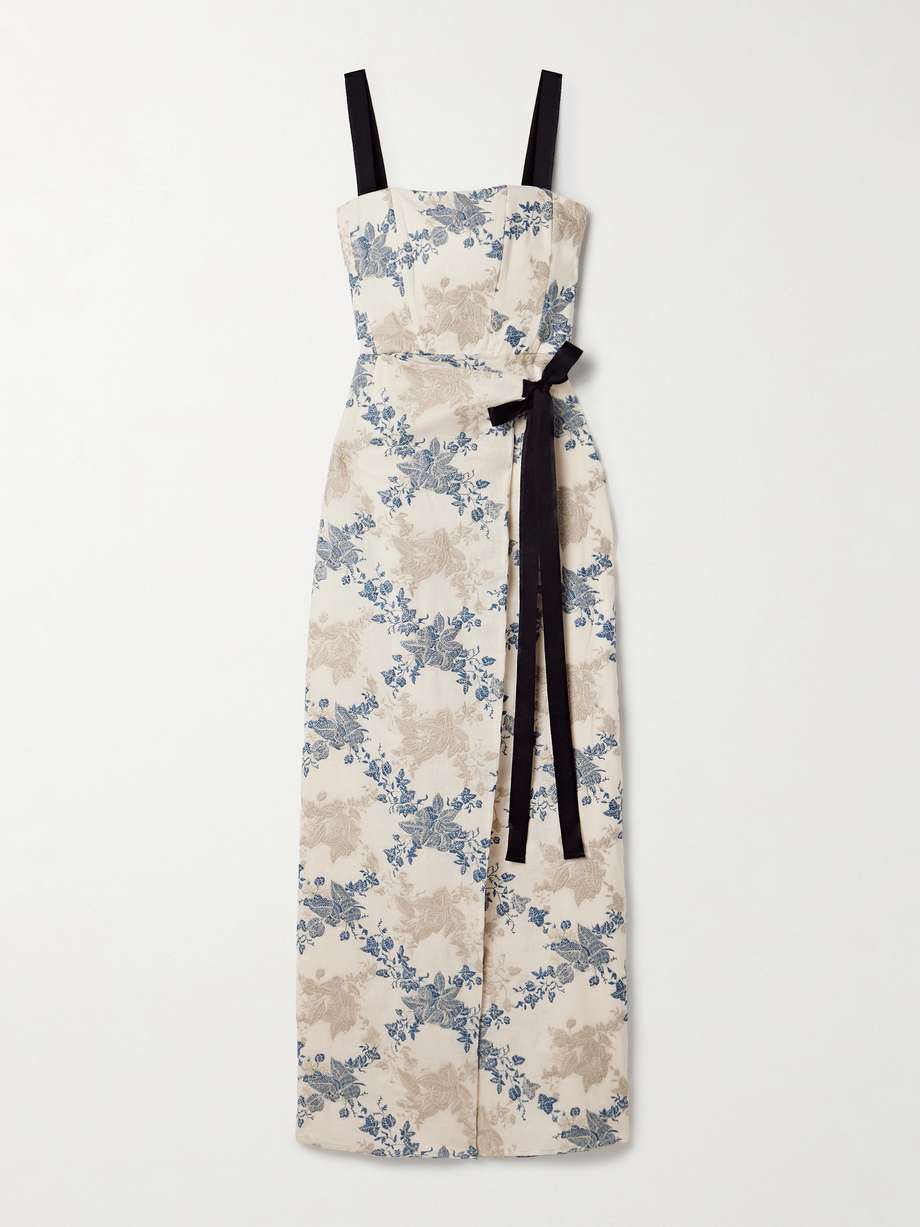 cinefila bougainvillea grosgrain-trimmed embroidered wrap-effect cotton and linen-blend midi dress