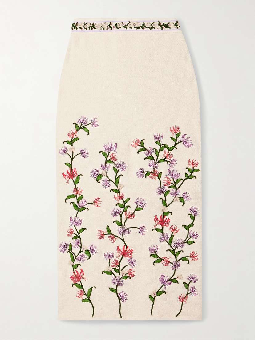 Agua by Agua Bendita Chlorella Honeysuckle Appliquéd Embroidered Cotton-blend Bouclé Midi Skirt