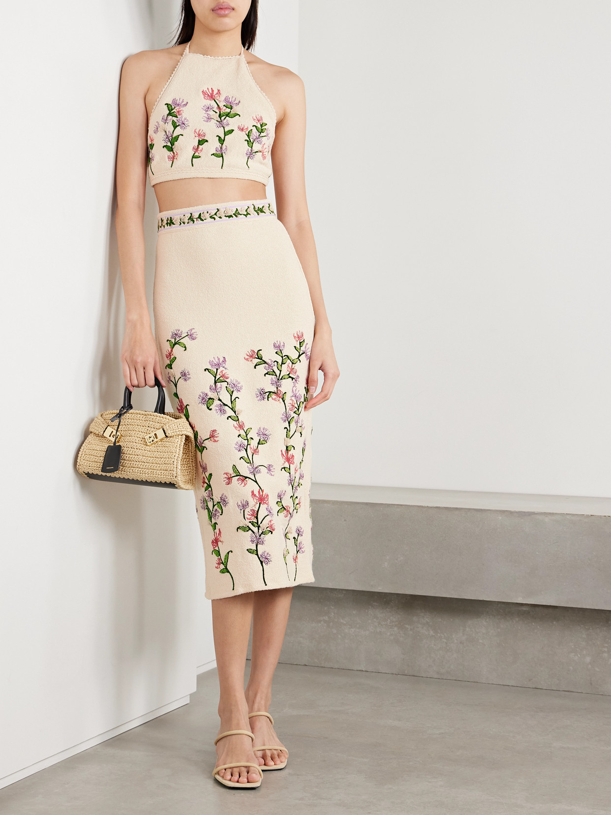 AGUA BY AGUA BENDITA CHLORELLA HONEYSUCKLE APPLIQUÉD EMBROIDERED COTTON-BLEND BOUCLÉ MIDI SKIRT