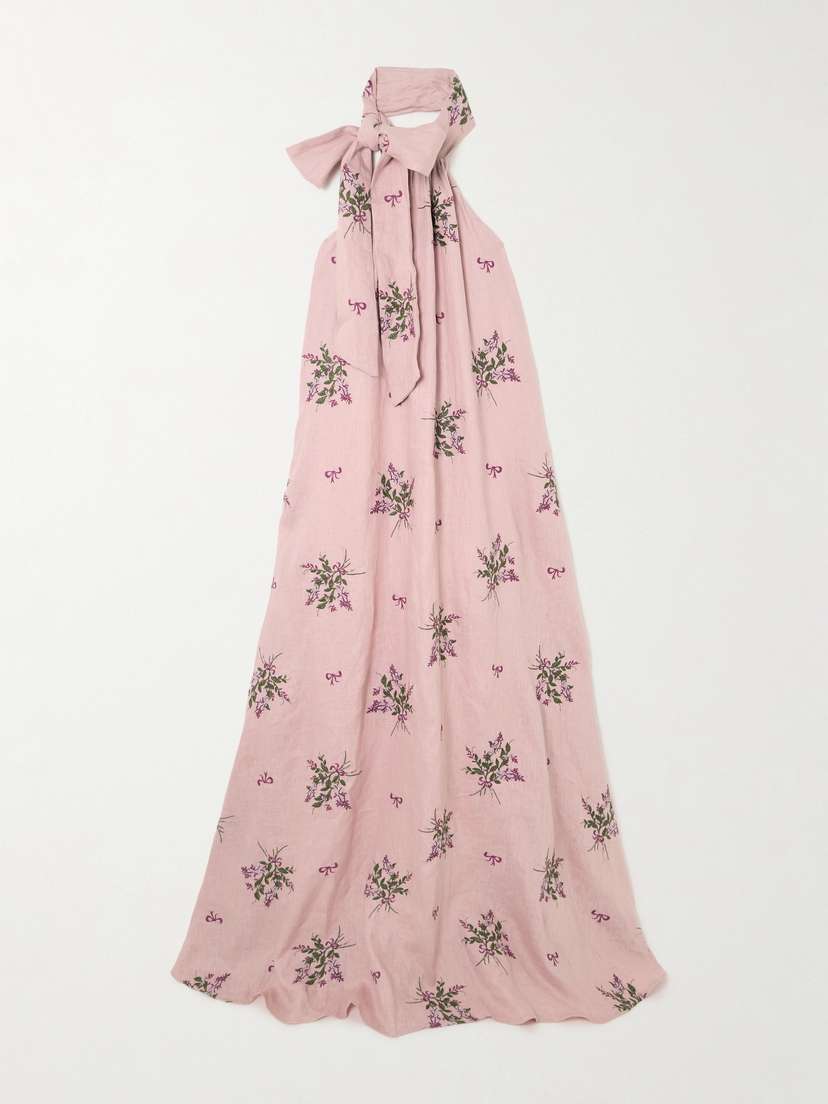 Agua by Agua Bendita Efímero Wisteria Embroidered Linen Halterneck Maxi Dress