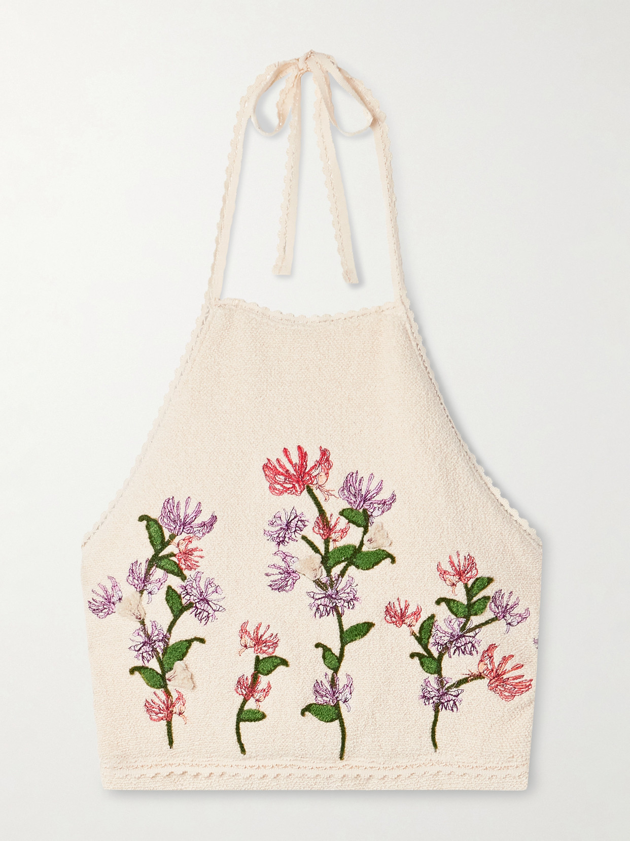 AGUA BY AGUA BENDITA CARLOTA HONEYSUCKLE CROPPED APPLIQUÉD EMBROIDERED COTTON-BLEND BOUCLÉ HALTERNECK TOP
