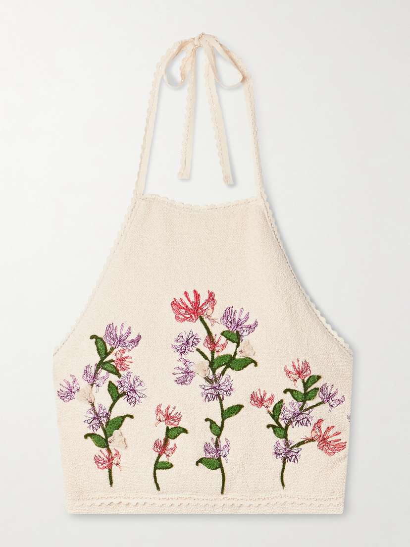 Agua by Agua Bendita Carlota Honeysuckle Cropped Appliquéd Embroidered Cotton-blend Bouclé Halterneck Top