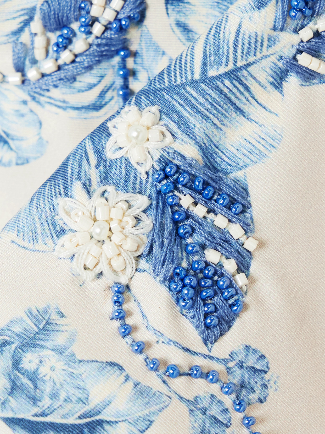 Agua By Agua Bendita Primavera Bougainvillea Faux Pearl And Bead-embellished Floral-print Recycled Bikini Top In Blue