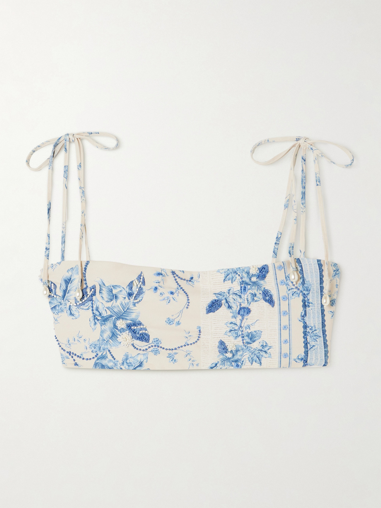 Agua By Agua Bendita Primavera Bougainvillea Faux Pearl And Bead-embellished Floral-print Recycled Bikini Top In Blue