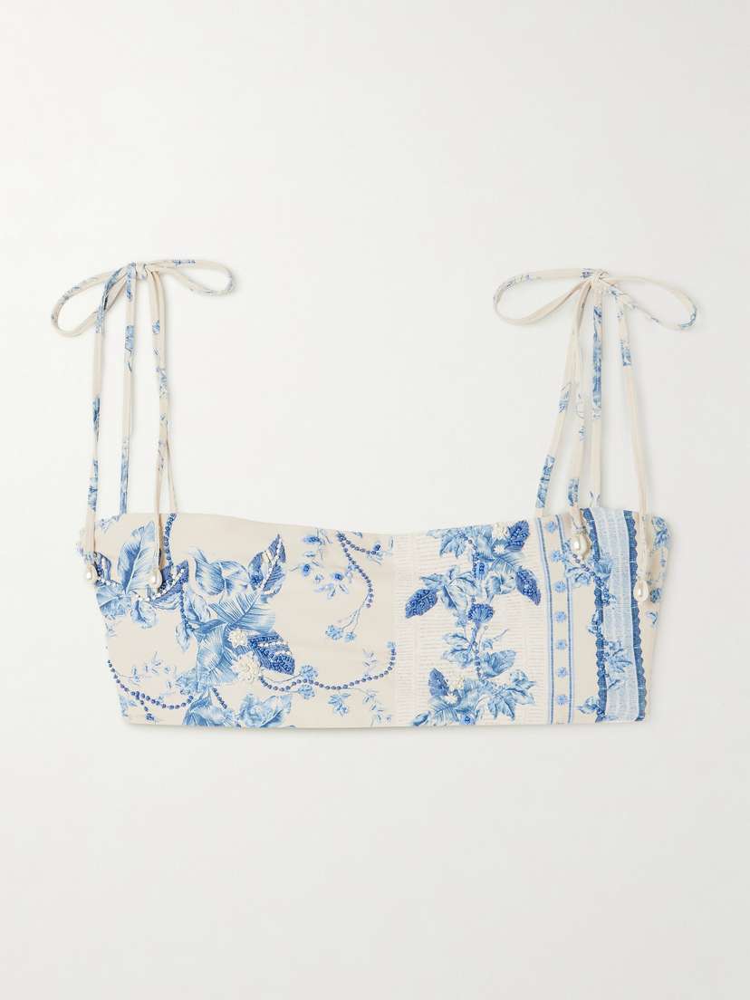 Agua by Agua Bendita Primavera Bougainvillea Faux Pearl And Bead-embellished Floral-print Recycled Bikini Top