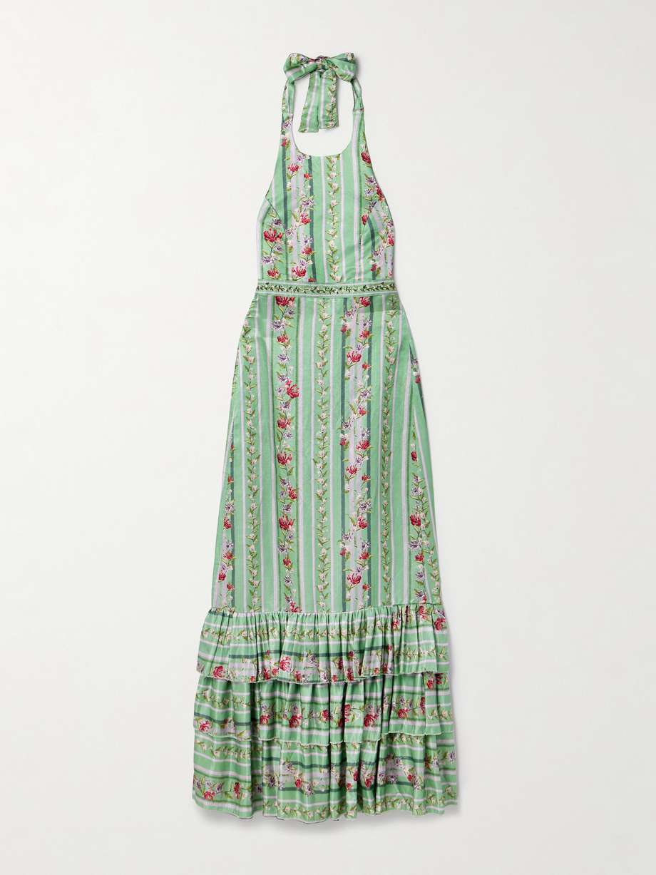 magnolia honeysuckle tiered embroidered floral-print linen and silk-blend halterneck maxi dress