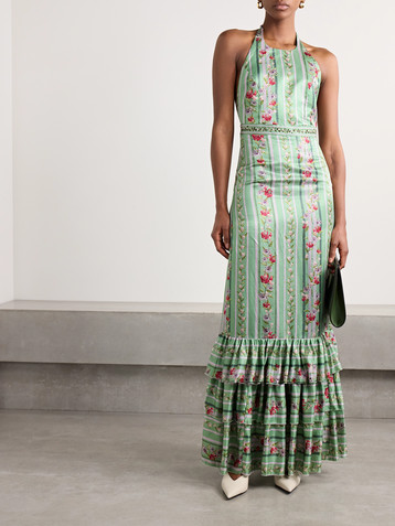 Agua by Agua Bendita Magnolia Honeysuckle tiered embroidered floral-print linen and silk-blend halterneck maxi dress