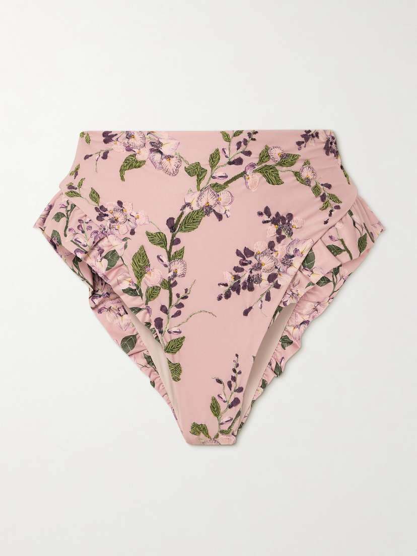 Agua by Agua Bendita Jengibre Wisteria Ruffled Embroidered Floral-print Recycled Bikini Briefs