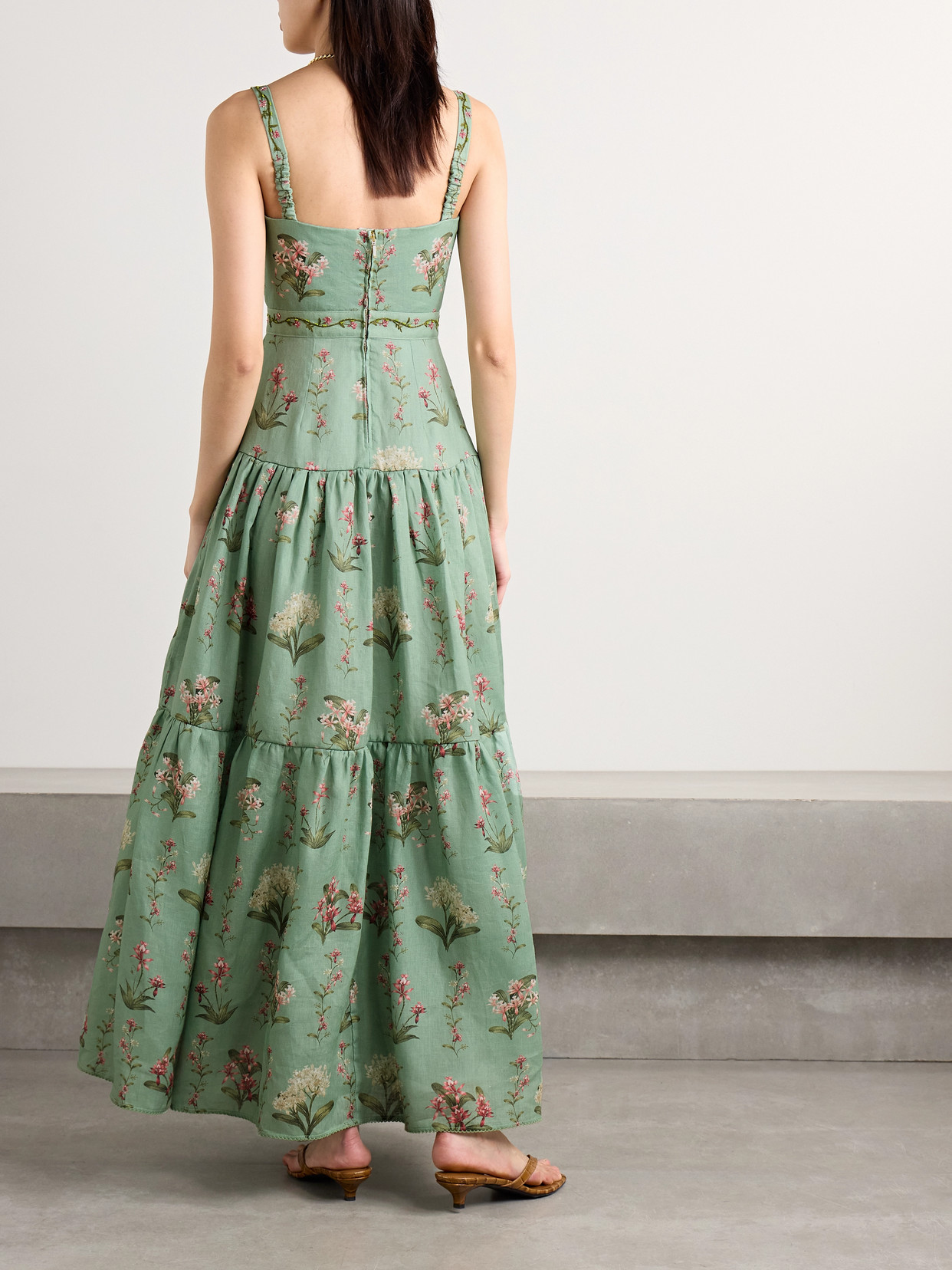 AGUA BY AGUA BENDITA LIMA ORQUIDEA TIERED EMBELLISHED FLORAL-PRINT LINEN MAXI DRESS