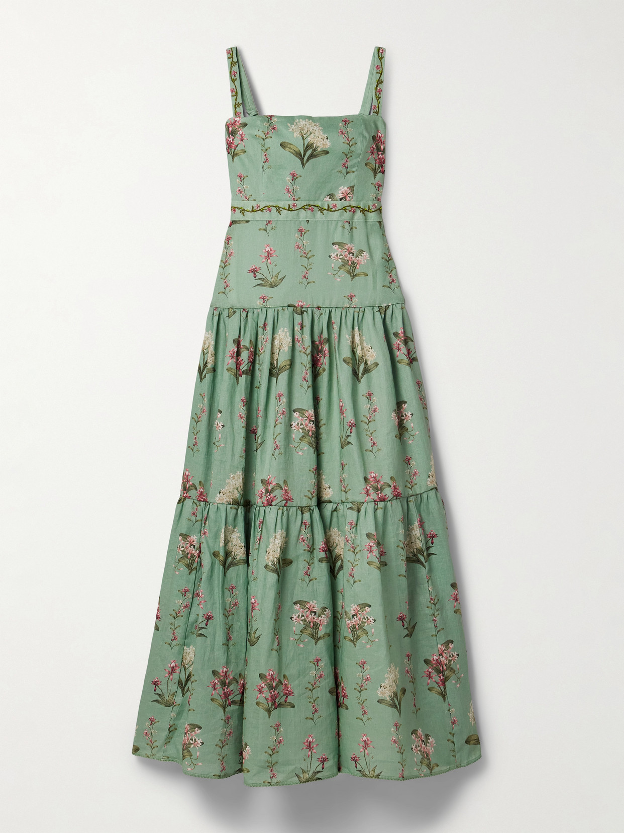 AGUA BY AGUA BENDITA LIMA ORQUIDEA TIERED EMBELLISHED FLORAL-PRINT LINEN MAXI DRESS