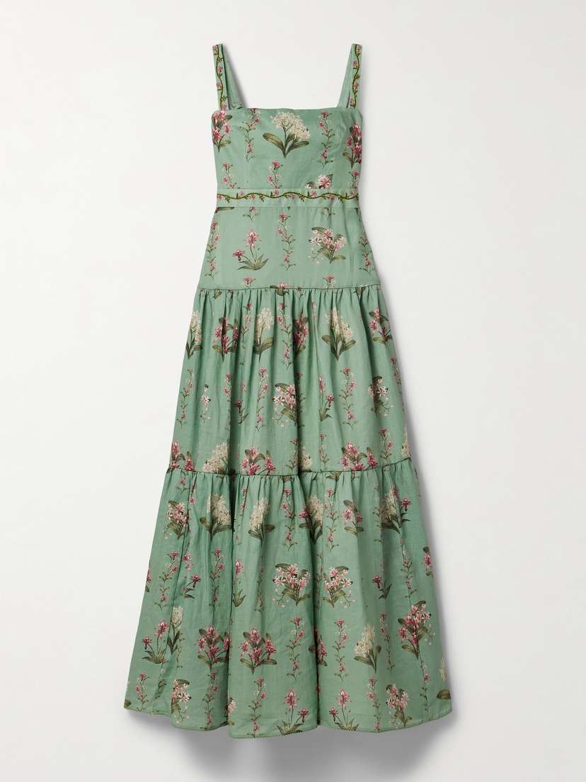 Agua by Agua Bendita Lima Orquidea Tiered Embellished Floral-print Linen Maxi Dress