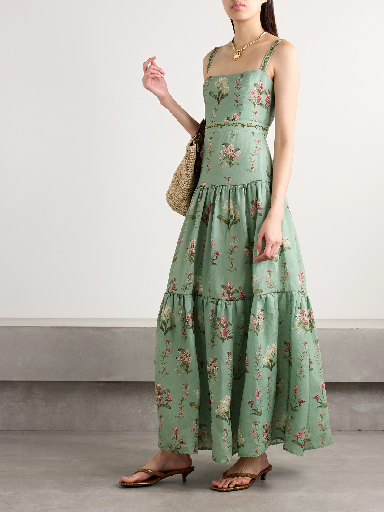 AGUA BY AGUA BENDITA LIMA ORQUIDEA TIERED EMBELLISHED FLORAL-PRINT LINEN MAXI DRESS