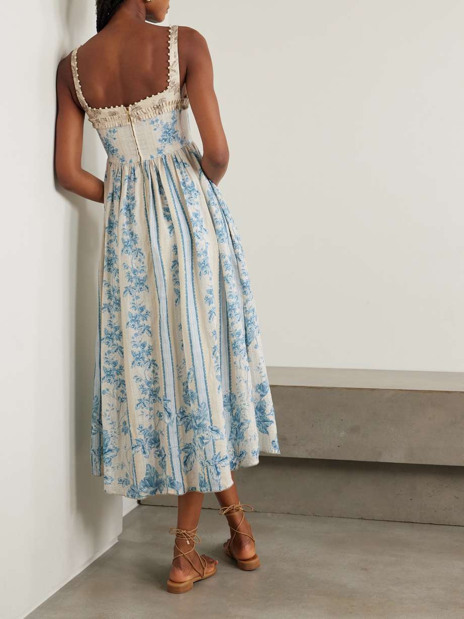 barbara bougainvillea embellished printed linen midi dress