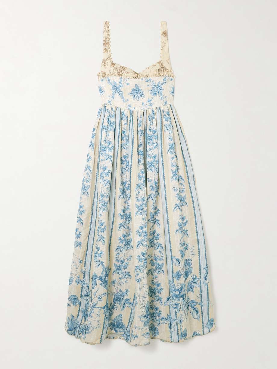 barbara bougainvillea embellished printed linen midi dress